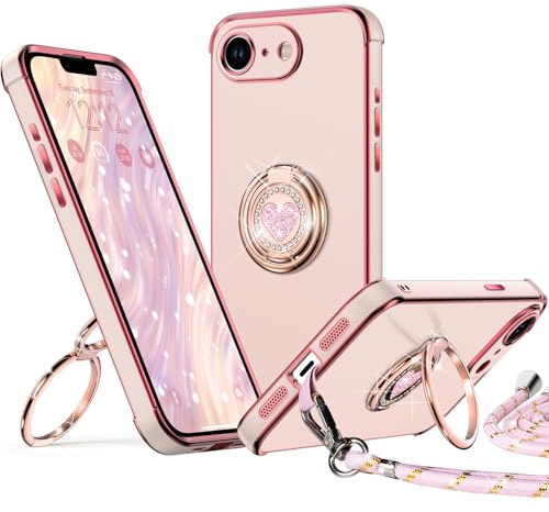 XYZ for iPhone 16e Case / 17e Case with Stand, Double Ring Holder Case Heart with Lanyard for Girls Women, Luxury Cute Bling Protective Phone Cover, Pink