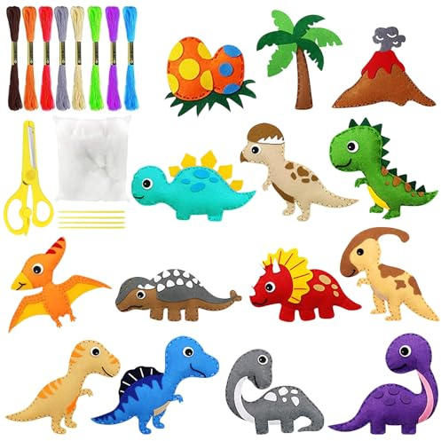 YNOYMO Nähset Basteln kinder Bastelset Nähen Diy Filz Set 14 Stück Filztiere Dinosaurier Nähset mit Farbige Stickgarn Plastiknadeln Schere Füllwatte Nähen für Anfänger Kinder ab 5 6 7 8 9 10 Jahre