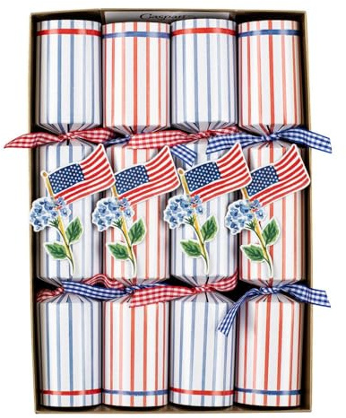 Caspari Celebration party favor – 8-Pack Party Favors with Flags & Hydrangeas Design, Patriotic Theme, Includes Hats, Jokes & Trinkets – Elegant Holiday Table Decorations