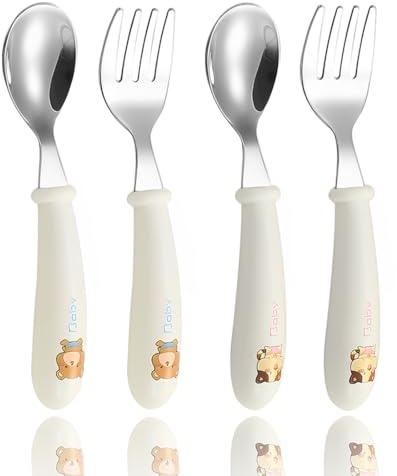 JEYORZY 4 Set Kinder und Baby Besteckset, Kinderbesteck Esslernbesteck ab 1 jahr, Silikon Edelstahl Baby Besteckset Löffel Gabel mit Silikon Halten Anti-Choke Design, BPA Frei Lernbesteck