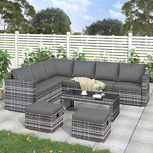 Laxnb Rattan Garden Furniture Sets for 7-8 People, Rattan Corner Sofa with Table & 2 Stool, Garden Lounge Set, Seating Group, Outdoor Furniture Terrace Patio Backyard, Cushions Removable Covers, Grey
