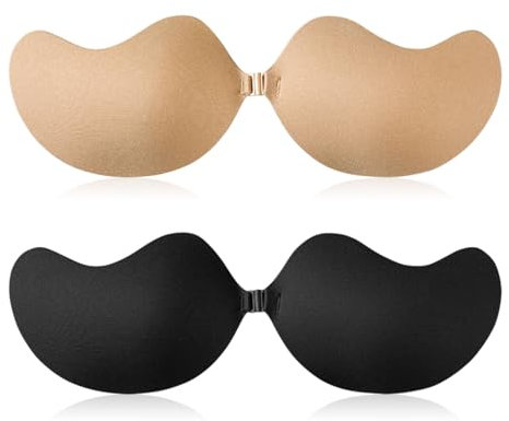 SAIIURV 2 Soutiens-Gorge Adhesif Push Up, Dos Nu, Bretelles Soutien-Gorge Respirant sans, Invisible Soutien Gorge Adhesif pour Les Robes de Soirée Robes de Mariée (Noir, Nu)