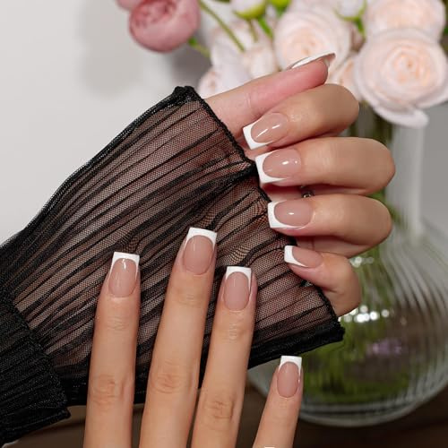KQueenest Press on Nails Kurz French Tip – 30 Stück Weiß Nägel zum Aufkleben Kurz Eckig, French Tip Fake Nails, Quadratische Künstliche Nägel Set für Frauen