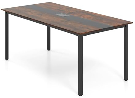 GIANTEX Tavolo da conferenza, 180 x 90 cm, con foro cavo, gambe in metallo, extra lungo, per sala riunioni, sala riunioni, marrone rustico, per 8-10 persone