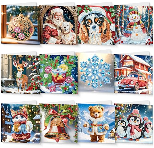 GwaOery Weihnachtskarten DIY Diamantkunst 5D Zahlen Weihnachtsmann Neujahrsgrüße Karten-Sets mit Umschlägen Handgefertigte Postkarten Dekorationen für Erwachsene Kinder (Stil-2)