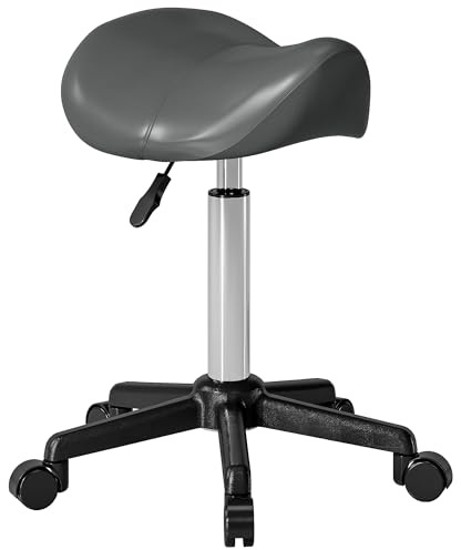 HOMCOM Tabouret à roulettes, Tabouret de Massage avec Hauteur réglable 45-57 cm et Selle Ergonomique, Chaise de Travail à roulettes pivotant 360°, pour Salon de Massage, Tatouage, Clinique, Spa, Gris