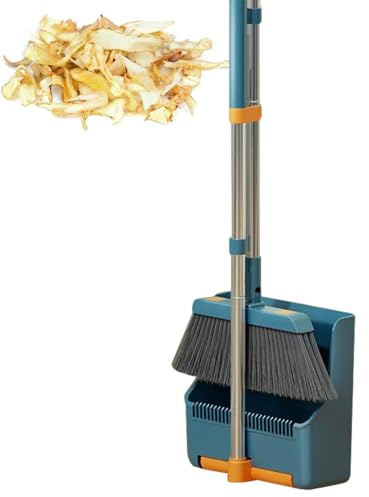 Scopa con paletta per la polvere, Combinazione di scopa e paletta rotante a 180 gradi in posizione verticale con manico lungo, Set di attrezzi per la pulizia per giardino, cucina, ingresso, garage, ba