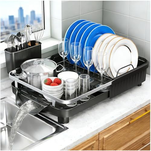 Kmiectse Dish Drying Rack – Expandable Dish Rack for Kitchen Counter, Stainless Steel Dish Drainer with Utensil Holder, Black