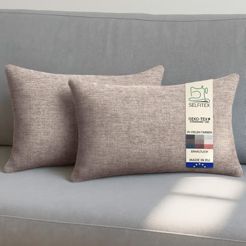 Selfitex 2er Set Sofakissen 30x50 cm, inkl. Füllkissen, gewebter Canvas Stoff, Matte & strukturierte Oberfläche, weiche Polyester Füllung, in Handarbeit gefertigt – Made in EU (Hellbraun)