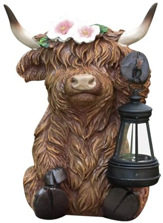 Statue Extérieure de Vache des Highlands avec Lanterne pour Jardin, Statue Solaire de Vache des Highlands Décoration d'Extérieur Figurine de Vaches des Highland pour Porche, Terrasse ou Balcon