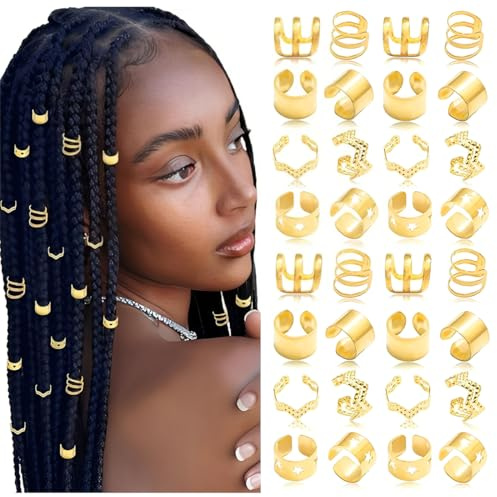 Lot de 32 Pièces Bijoux Cheveux Tresse Doré, Bijoux de Cheveux, à Cheveux Dorées Pour Tresses, Accessoires Pour Dreadlocks, Accessoires Pour Dreadlocks, Pour Hommes, Femmes