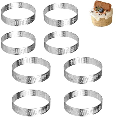 Set di 8 stampi per tartelette, in acciaio inox, 6 cm e 8 cm, anelli forati, per torte, dolci, mousse, tortine, muffin