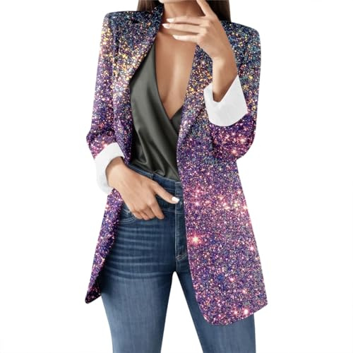 ZDSUHYIW Blazer da donna con paillette, cardigan con brillantini, elegante e festival, con paillette, leggero, a spalla, per costume tradizionale, per festival, Capodanno, Lilla, L