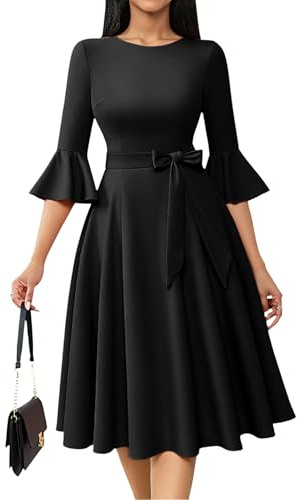 HomRain Women's Elegant Party Dresses for Wedding Guest Black Dress for Women Funeral 3/4 Bell Sleeve Cocktail Dresses Fit and Flare Graduation Midi DressBlack M