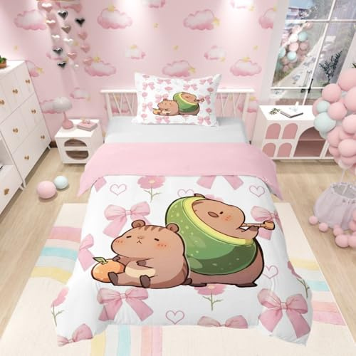 Homewish Girls Pink Bow Single Duvet Cover Set Kids Kawaii Capybara Bedding - Cute Avocado Capybara Animal Quilt Cover Princess Style Bowknot Flower Bed Set with Pink Reverse - 1 Pillowcase