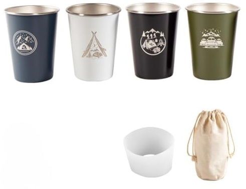 NiuLumea Lot de 4 tasses de camping en acier inoxydable 304 de 350 ml avec manchon en silicone et sac de rangement, empilables, design léger