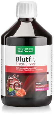 Sanct Bernhard Blutfit Eisen-Elixier 500 ml | Eisen Hochdosiert | Mit Vitamin C und B-Vitaminen | Für Blutbildung bei Eisenmangel, Energiestoffwechsel und Immunsystem | Made in Germany