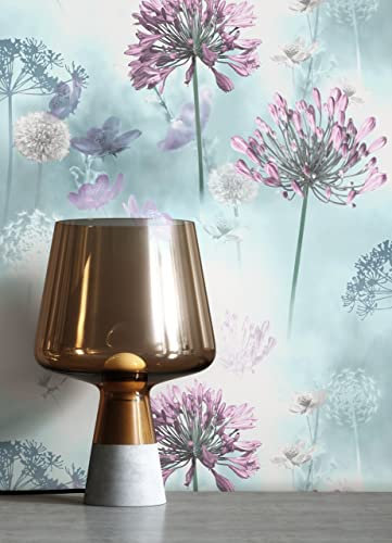 NEWROOM Blumentapete Tapete Violett Blumen Pusteblumen Floral Papiertapete Türkis Papier moderne Design Optik Tapete Natur inkl. Tapezier Ratgeber