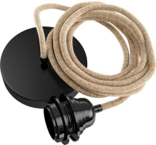 Hoopzi Hang Pendelleuchte, 1-flammig, 2,5 m Textilkabel | E27-Bakelitfassung, Stahlbaldachin, DCL-kompatibel, für Schlafzimmer, Wohnzimmer und Küche, Farbe: Seil und Schwarz