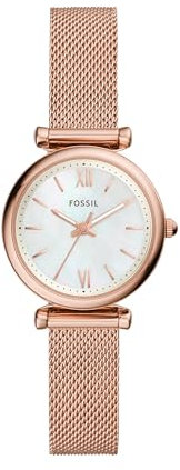 Fossil Uhr für Damen Carlie, Quarzwerk, 29mm Rose Gold Edelstahlgehäuse mit Edelstahlarmband, ES4433