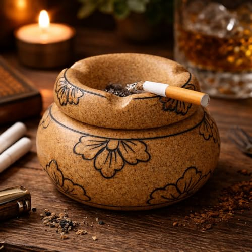 ABHANDICRAFTS 4 Windproof Ashtray with Lid for Cigarettes Ceramic Portable Cigar Ashtray Odor Eliminator for Indoor outdoor Hand Made Crackle Pattern with Sparkle Fancy Gift for Men Women