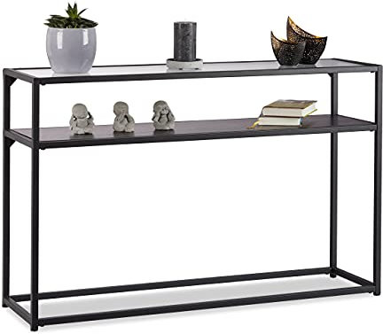 Relaxdays Konsolentisch Glas, transparente Tischplatte, Metallgestell, Ablage, 4-beinig, HxBxT: 70,5x110x30 cm, schwarz