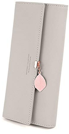 RRANCharltu Portefeuille Femme Longue Porte-Cartes Porte-Monnaie à glissière avec Feuille Pendentif en PU Cuir, 10 Emplacements Cartes pour Cadeau de Noël Saint-Valentin (Gris)