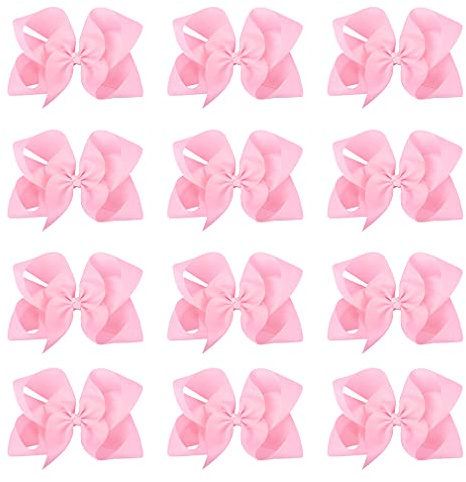 DEEKA 12 PCS 6 Big Hand-made Grosgrain Ribbon Hair Bow Alligator Clips Hair Accessories for Little Teen Toddler Girls - Light Pink