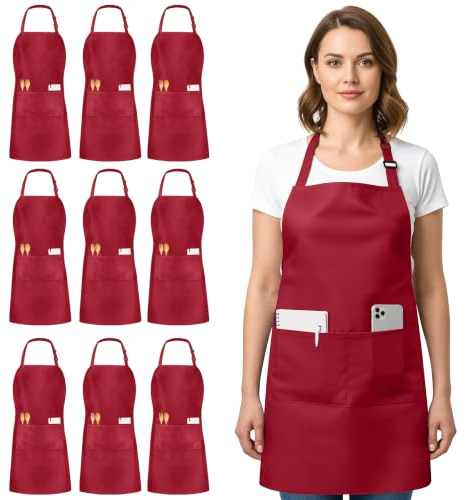 Utopia Kitchen 10 Pack Bib Apron, Unisex Adjustable Aprons with 2 Pockets, Waterdrop Resistant Cooking Kitchen Chef Apron for Men Women