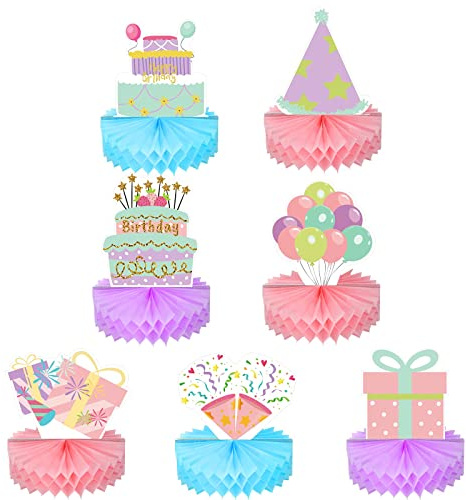 Kisston 9 Pieces Happy Birthday Centerpiece Decorations Pastel Honeycomb Table Sign Rainbow Birthday Honeycomb Table Decor for Girl Women Christmas Gift Honeycomb Centerpieces
