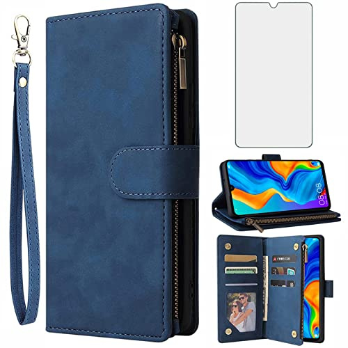 Asuwish Handyhülle für Huawei P30 Lite Hülle mit Folie Schutzfolie und Kartenfach Klappbar Leder Geldbörse Ständer Reißverschluss HuweiP30Lite Hawaii P 30 Nova 4E MAR-LX1A MAR-LX1B Phone Case Blau