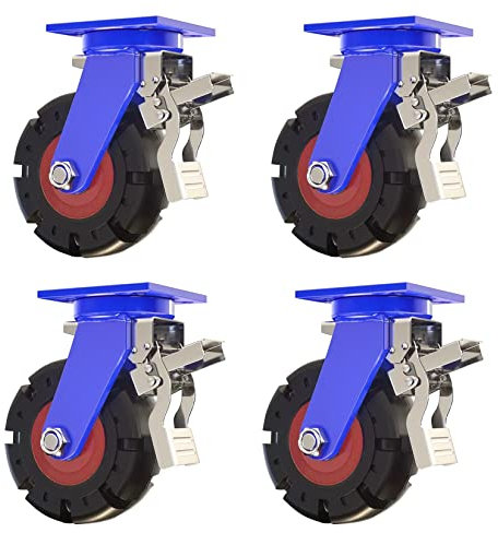 ESOYAWE 4 Stück Ø 150mm 200mm 250mm 300mm Schwerlast Lenkrolle, Pannensichere Vollgummirolle Mit Bremse, 360°Drehbar Ersatz-Rollen for Trolleys Werkbank, Tragfähigkeit 900KG Pro Rolle