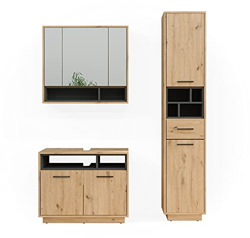 Vicco Badmöbel-Set Beatrice, Artisan-Eiche, 80 cm | besteht aus Waschbeckenunterschrank, Spiegelschrank und Hochschrank