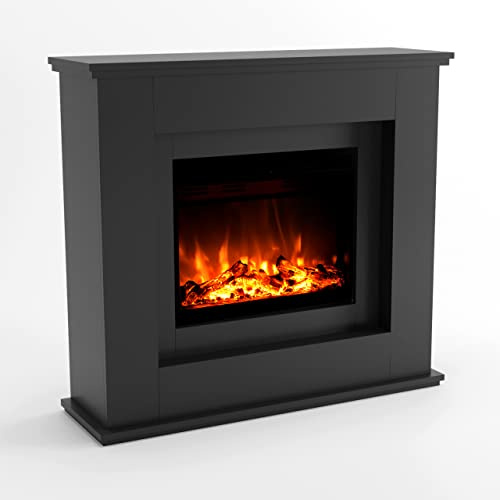 GF CORE Elektrokamin mit Heizung und Kaminfeuer (Standkamin Europa) - elektrischer Kamin mit LED-Feuer in 3 Farben, Heizlüfter, Holz-Deko & Fernbedienung, 111x101x33 cm, Grau