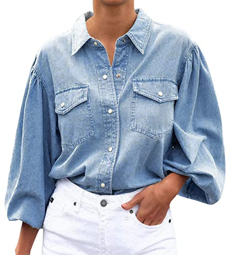 Rifuli # Denim Jeans - Camisa de manga completa para mujer, cuello vuelto, camisa de mezclilla, azul, XL