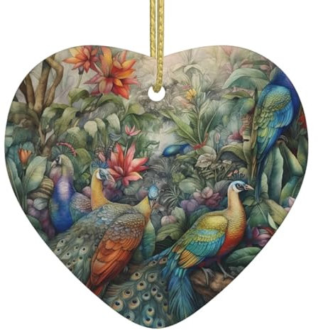Aquarell schöne Pfauen Weihnachtsschmuck, Weihnachtsschmuck, Weihnachtsbaum, hängende Ornamente, herzförmige Keramik, festliches Andenken, Geschenk für Weihnachtsdekorationen, Zuhause, Urlaub, Party