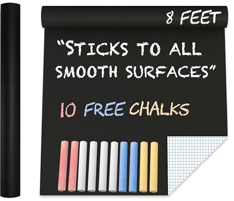 Extra Large Chalkboard Adhesive Paper Roll (8 FEET) 10 Chalks Included - Peel & Stick Chalkboard Wallpaper for Home & Office - Alternative to Permanent Paint