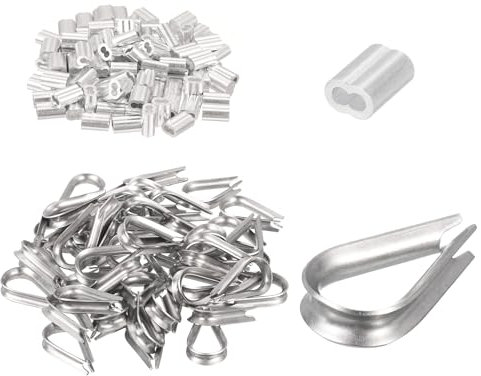 sourcing map Wire Rope Cable Thimble Kit for 3mm Dia Wire Rope, 100Pcs Aluminum Crimping Loop Sleeve and 16Pcs Stainless Steel Thimble Rigging