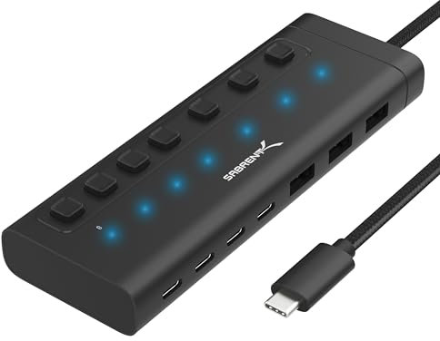 SABRENT Powered USB Hub, USB Hub Powered Docking Station USB Splitter, 7-Port 48W Powered USB C Hub with Switches (HB-3A4C)