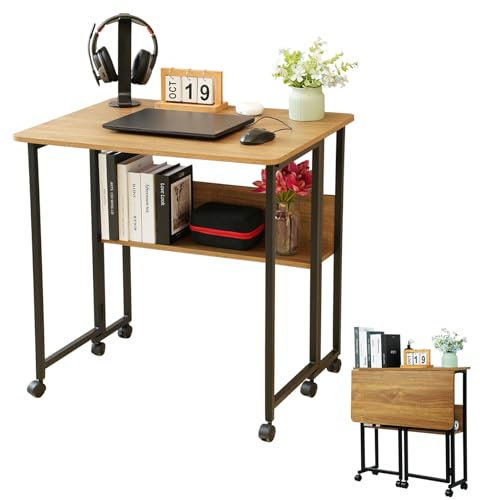 haiorjun Schreibtisch Klappbar mit Rollen, Kleiner Schreibtisch 80 cm Breit Computertisch Klein mit Regal, Mobiler Klappschreibtisch für Home Office Computer Desk 80 x 58 x 75cm, Einfacher Montage