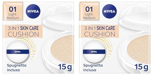 NIVEA Q10 Plus Anti-Age 3in1 Skin Care Cushion 15ml, Crema colorata viso idratante e anti-età, Crema Viso antirughe e BB cream FP15, Fondotinta cushion arricchito con Coenzima Q10, 01 Light-Medium