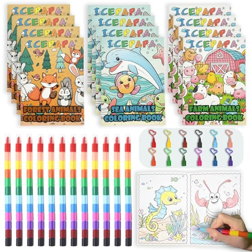 ICEPAPA, 12 Libri da Colorare e 12 Pastelli a Cera Impilabili (12 Colori in 1), Perfetti per Gadget Compleanno Bambini, Regalini e Fine Festa