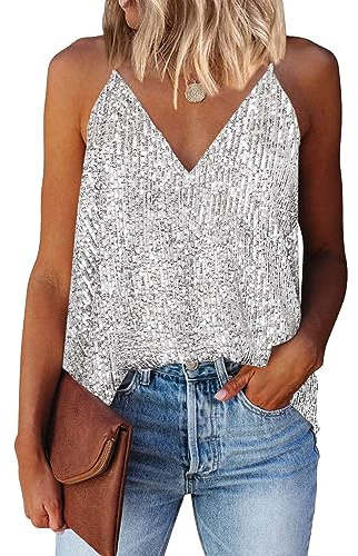 AirMood Women Sexy V Neck Sparkle Shimmer Tank Vests Sequins Tops Las Vegas Disco Sequin Tank (Silvery White,L)