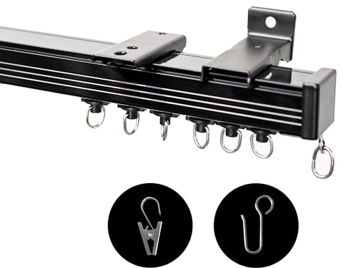RoomDarkning Ceiling Curtain Track, Ceiling Wall Mount Room Divider Curtains Track Rods Heavy Duty Ceiling Track Curtain Rail, RV Ceiling Track for Curtains with Rollers Hooks Clips for 15-18ft, Black