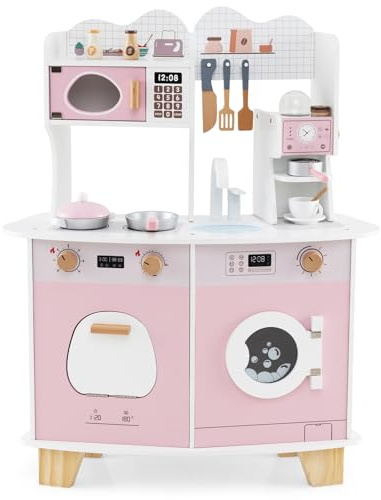 COSTWAY Kids Toy Kitchen, Pretend Play Kitchen with Coffee Maker, Microwave, Oven, Washing Machine, Accessories, Children Cooking Role Playset for 3+ Years Old