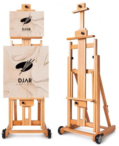 DJAR Grand Chevalet d'Atelier en H, Chevalet de Sol Robuste et Réglable en Bois de Hêtre, Inclinable à Plat, Pour 1 ou 2 Toiles jusqu'à 198 cm, Naturel