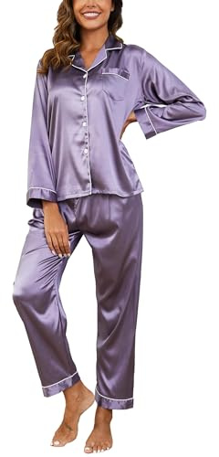 TeJoyce Sidenpyjamas för kvinnor, 2-delat satinpyjamas, långärmad skjorta med knappar och matchande byxor, lätta och andningsbara sovkläder för kvinnor för hemmet, Lila, M
