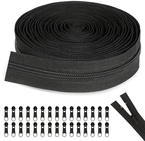 Oändlig dragkedja med 30 dragkedjor, 20 m dragkedja, metervara, delbar #5 nylondragkedjor, 3 cm bred dragkedja för kläder, väska, pennfodral sängkläder (svart)