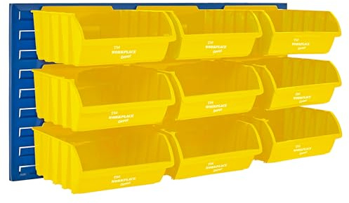 The Workplace Depot Wall Mounted Louvre Panel Kit – Steel Storage Panel 460(H) × 995(W) with Polypropylene Bins – Ideal for Workshop, Garage & Warehouse Organisation (Yellow, with x9 Large Bins)