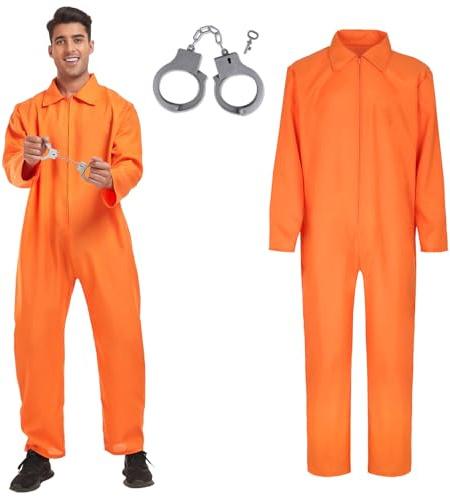 DTXYBC Costume da carcerato, Tuta Arancione da Detenuto, Costume da prigione arancione con manette, Costumes da prigioniero da uomo, Costumes da Detenuto per Festa a Tema, Carnevale, Halloween